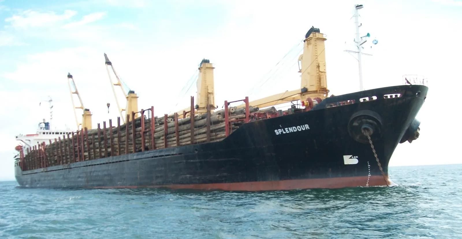 A log carrier loaded with round timber, riding at anchor